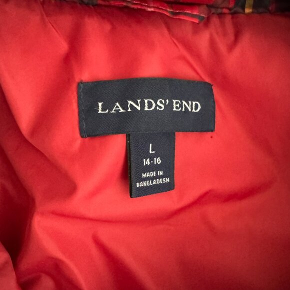 Lands' End Puffer Down Vest Womens Large Quilted Red Plaid Outdoor CJ-2146 - Picture 8 of 10